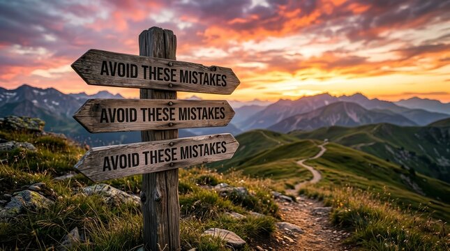 A decision point on a mountain path featuring a wooden signpost saying avoid these mistakes.