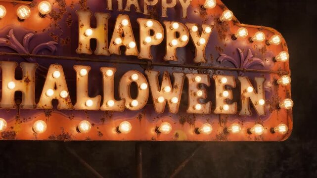A vintage marquee sign with glowing bulbs spells out 'HAPPY HALLOWEEN' against a dark background, evoking a festive and spooky atmosphere.