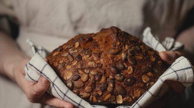 Close-up of baker in a rustic linen apron holding freshly baked artisan bread topped with pumpkin seeds on a checkered towel. Homemade loaf for bakery promos, organic product and healthy food concept.