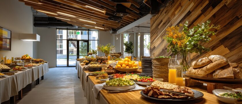 Buffet spread with fresh fruits, baked goods, and salads showcases vibrant colors and rustic wooden decor. Natural light enhances inviting atmosphere with elegant presentation