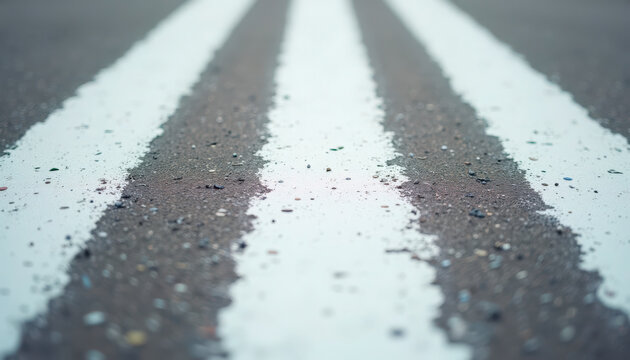 Close-up view of textured road markings with white stripes indicating pedestrian lane on asphalt surface. Road markings feature distinct wear patterns and gravel elements,