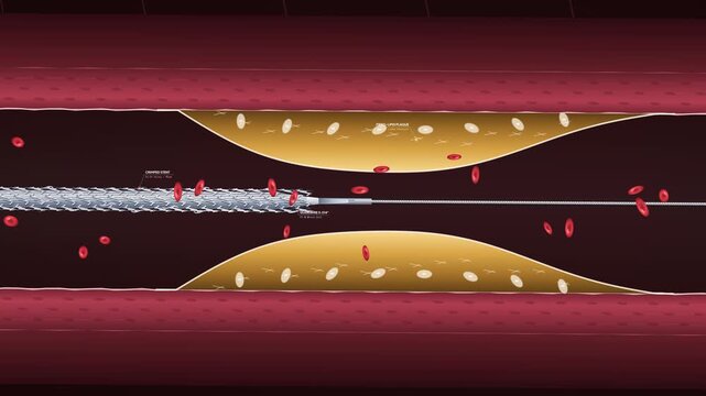 Medical 2D animation detailing a coronary stent angioplasty procedure, showing catheter insertion, balloon inflation, lipid plaque fracture, and stent placement to restore myocardial blood flow