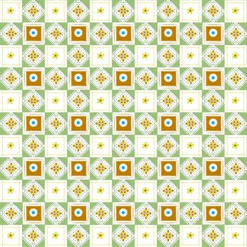 Green geometric seamless pattern with retro tech circle and squares ornament 