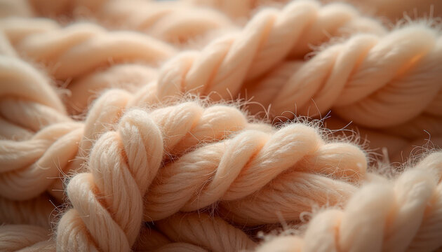Close-up of soft peach-colored rope with detailed texture and strands intertwined. Twisted fibers create a cozy and warm appearance, showcasing textile craftsmanship.