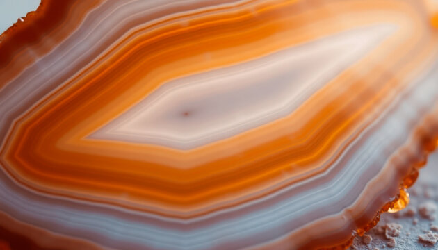 Close-up of agate stone with vibrant orange and white bands showcasing unique layers and textures. Agate is a popular choice for home decor, giving natural elegance to various design concepts.