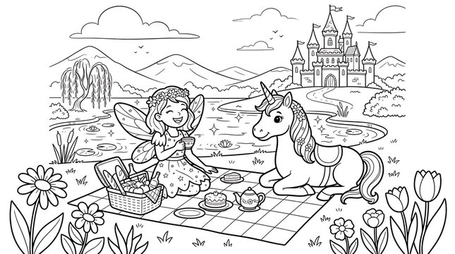Fairy having a picnic with a unicorn by a lake near a castle in a whimsical woodland landscape coloring page for kids and adults alike