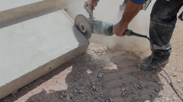 Construction worker using an angle grinder to cut concrete