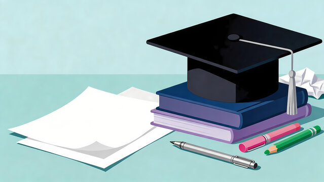 Graduation cap resting on stacked books with study tools on a clean desk