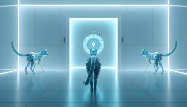 AI Security Cats Monitoring a Futuristic Holographic Access Portal