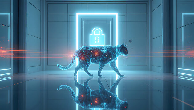 Futuristic Digital Cat Guarding a Secure Cybersecurity Doorway
