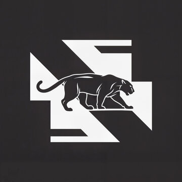 Black panther silhouette walks across white geometric shapes on dark gray background. Minimalist logo design for sports branding or gaming team identity.