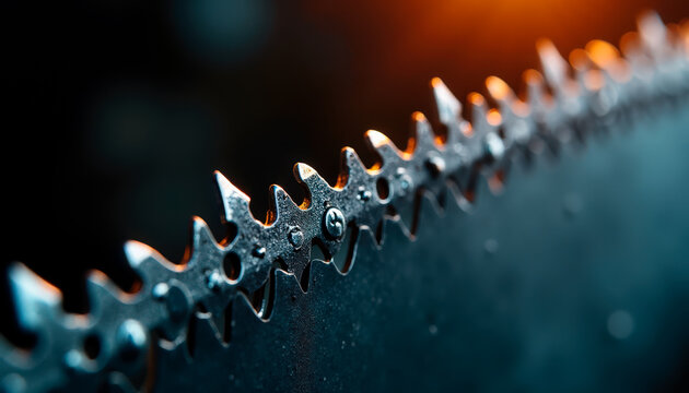 Close-up view of circular saw blade showing sharp teeth and metallic surface, ideal for woodworking and construction projects.