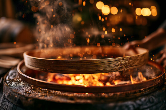 Cooper Bending Oak Staves Around Metal Hoop Over Steaming Brazier, Warm Fire Glow, Cinematic Atmospheric Shot