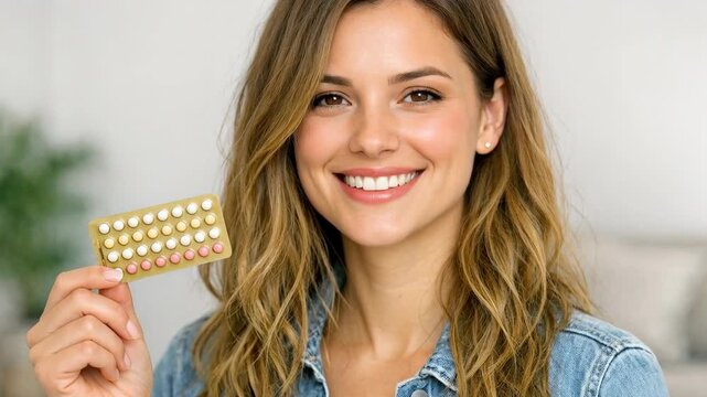 Smiling Woman Holding Birth Control Pills