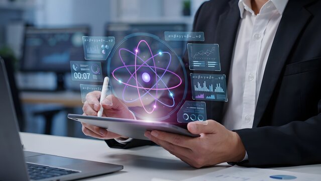 Professional Businessman Using Tablet with Holographic Atom Interface for Scientific Research