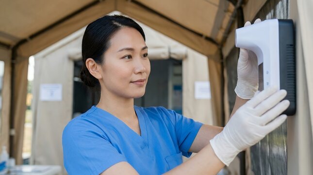 Medical professional in scrubs operating thermal screening device at outdoor clinic entrance