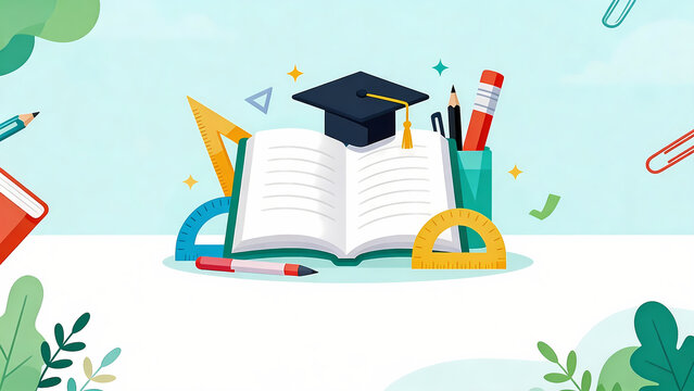 Flat style education illustration with open book, graduation cap, and school supplies on blue background