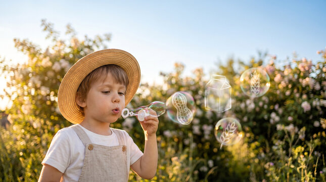 Young child blowing bubbles in a sunlit garden, surrounded by blooming flowers, capturing the essence of childhood joy and carefree moments in nature, allergy concept