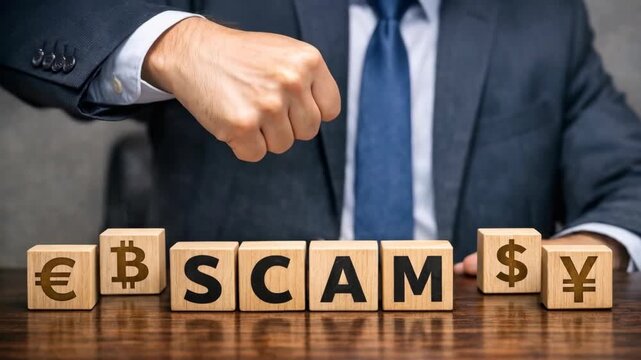 Businessman in Suit Giving Thumbs Down to Cryptocurrency Scam