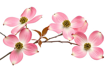 Obraz premium Pink dogwood flowers on branch with green leaves, spring bloom.