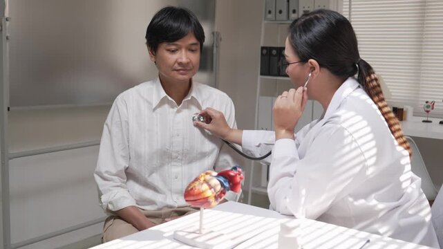 Asian Female Doctor Using Stethoscope to Examine Male Patient's Heart Beat in Medical Clinic