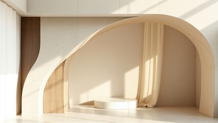 Obraz na płótnie Canvas Minimalist interior design features curved arches, soft lighting, neutral tones. Round pedestal provides display space within cozy alcove.