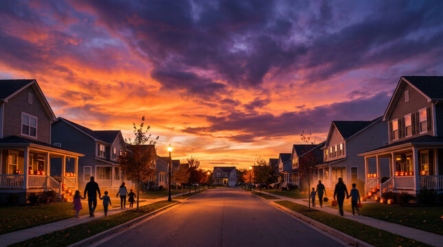 Serene Neighborhood at Sunset with Families Strolling Amidst Vibrant Skies and Warm Glow from Homes