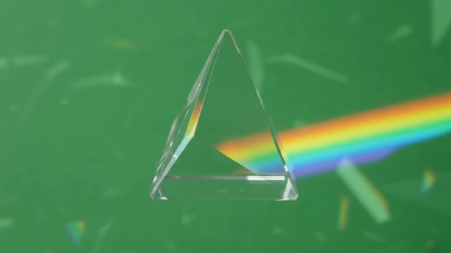 Glass prism splitting light into rainbow colors, scientific physics experiment, floating geometric crystal pyramid on green background, slow motion spectrum dispersion footage