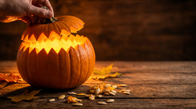Hand Opening a Carved Pumpkin with a Warm Glow, Surrounded by Autumn Leaves and Seeds, Celebrating Halloween Traditions and Festive Decor