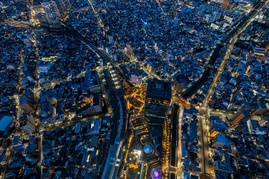 Tokyo Roads and Buildings in a Steep Night View