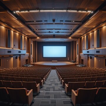 Modern auditorium with tiered wooden seating, large LED presentation screen, warm ambient stage lights