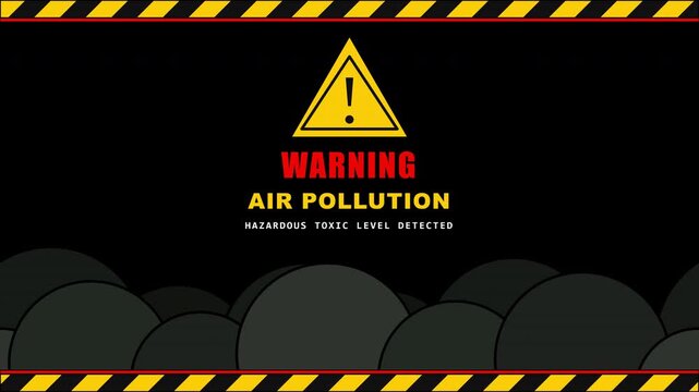 Air pollution warning sign with yellow caution stripes and smoke animation on transparent background with alpha channel