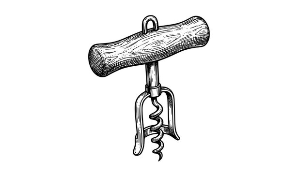 Wooden T handle corkscrew hand drawn engraving illustration for wine bottle opener bar tool vintage vector design