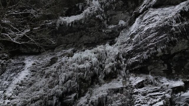 Countless Icicles at Otaki Waterfall, Mount Tebako, Kochi, Japan &ndash; Drone Aerial Footage of a Frozen Winter Landscape