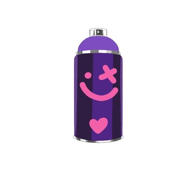 purple spray paint can with smiley face and heart vector illustration isolated on white background urban street art aerosol container graphic element for sticker print package commercial design