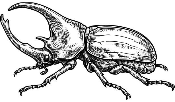 Rhinoceros beetle detailed close up hand drawn engraving illustration insect entomology nature vector design