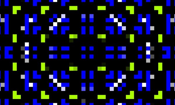 A futuristic digital grid pattern featuring structured blue, neon green, and white geometric pixel elements on a solid black background, perfect for tech-themed designs and modern digital backgrounds.