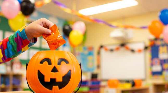Child's Hand Placing Treats into a Smiling Halloween Pumpkin in a Festively Decorated Classroom Filled with Colorful Balloons and Banners