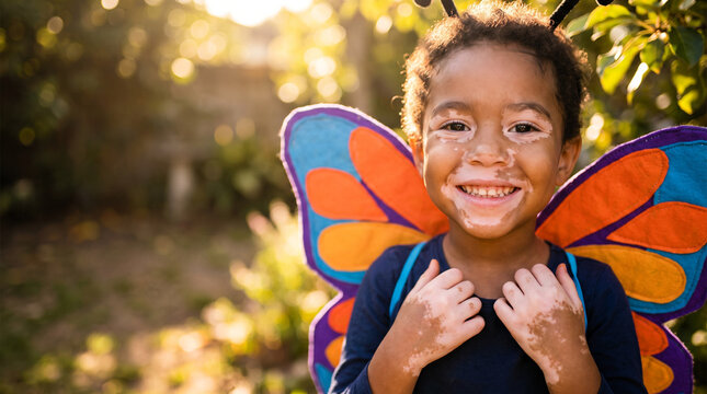 Joyful african american girl Dressed as a Butterfly with Colorful Wings and vitiligo, Embracing Nature in a Sunlit Garden Setting