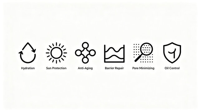 Linear minimalist skin care function logo icon represents the concept of sunscreen anti-aging barrier repair and oil control, which is applicable to e-commerce posters of skin care products.
