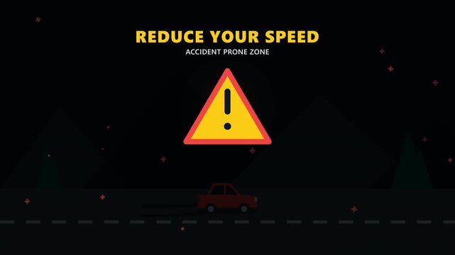 accident car at night animation, accident prone area warning text sign, mountain backdrop, journey theme