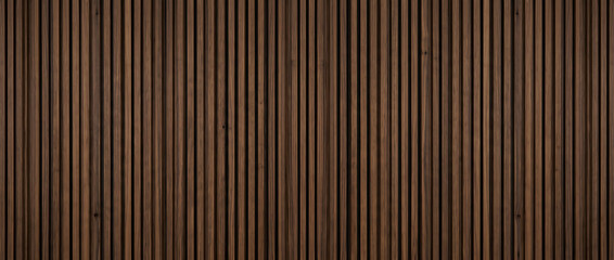 Dark wood slat panel texture background showing walnut timber batten wall strips for luxury acoustic interior design projects © MDAzizur