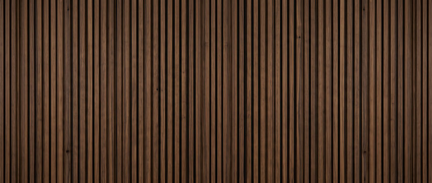 Dark wood slat panel texture background showing walnut timber batten wall strips for luxury acoustic interior design projects