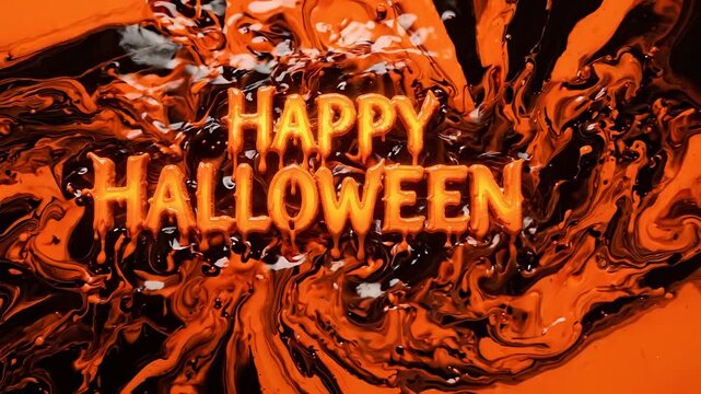 Happy Halloween text in vibrant orange and black swirling liquid with white specks, creating a spooky and festive abstract background.