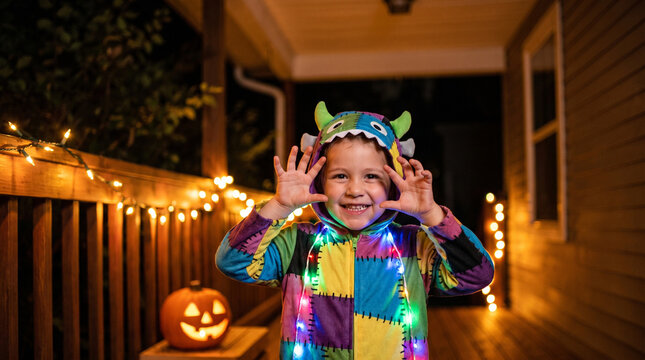 Joyful child in a colorful monster costume with lights, playfully posing on a porch decorated for Halloween, with a carved pumpkin and twinkling lights in the background.