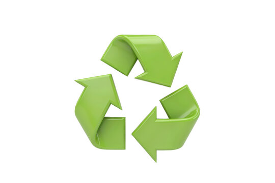 Glossy green three dimensional recycling symbol with curved arrows isolated on a transparent background