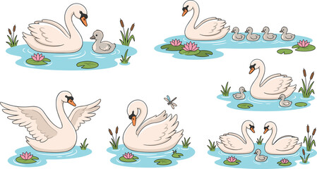 Obraz premium Elegant white swan vector illustration collection featuring swimming birds flapping wings and cygnet babies on water pond