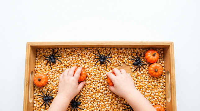Hands Exploring a Sensory Tray Filled with Dried Corn, Mini Pumpkins, and Spiders for a Fun Halloween Experience
