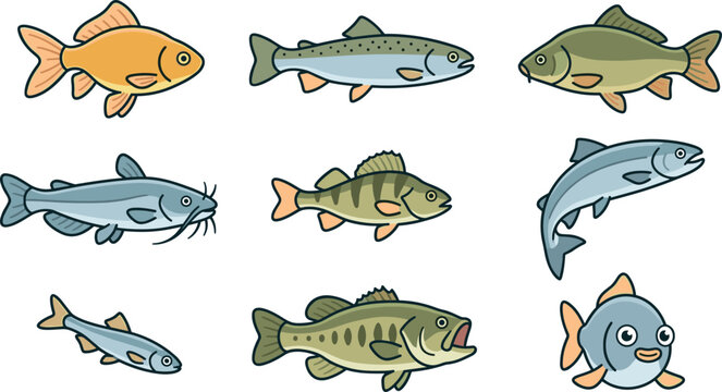 Freshwater fish vector illustration set featuring bass trout salmon catfish goldfish and perch isolated on white background