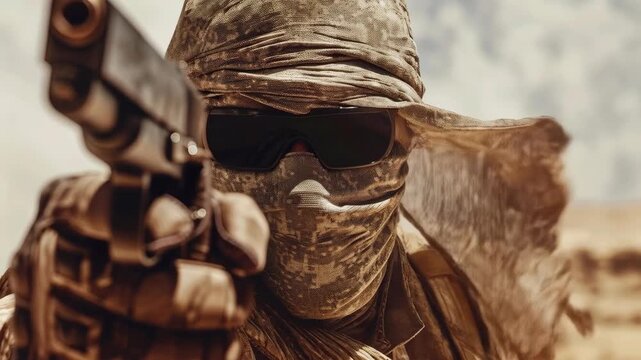 Armed soldier in tactical gear aiming a handgun in a desert